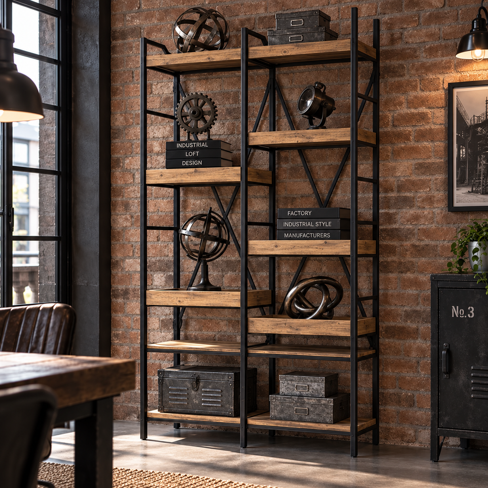 Wood Metal Shelf Antique Black Natural