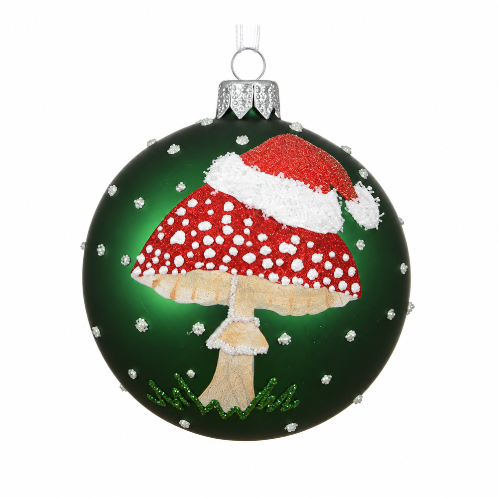 Bauble glass matt mushroom with Santa hat 3col ass assorted D.8cm - each at
