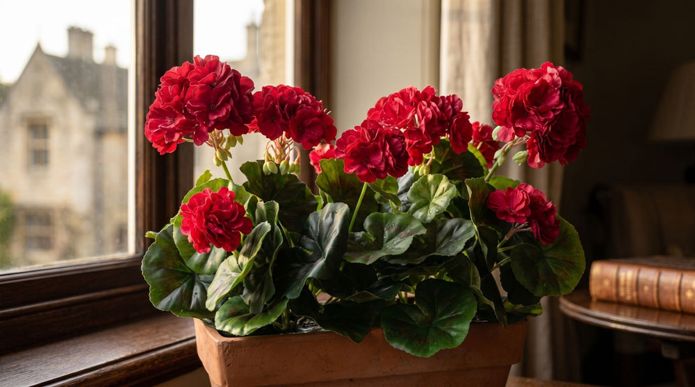 Artificial Pink Geranium in Terracotta Balcony Tray (40 cm)