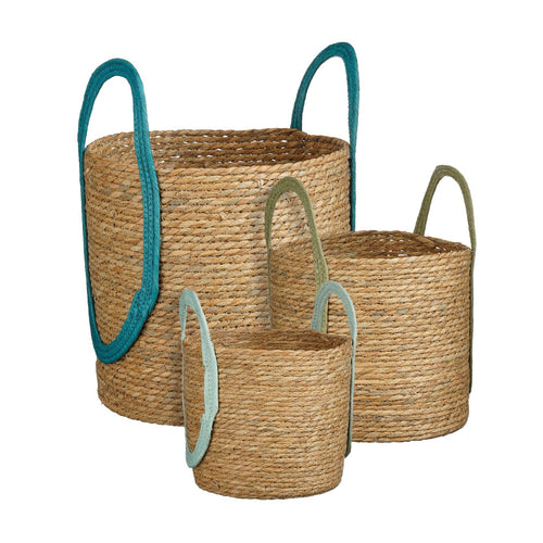 Dallas Woven Natural Basket with Blue Handles (28 cm)