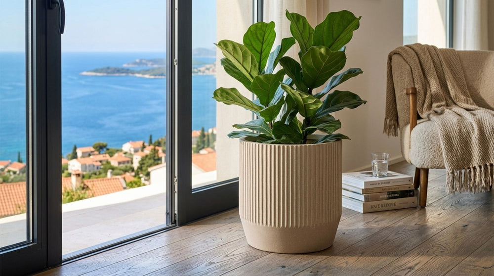 Nuovo Ribbed Round Beige Planter (45 cm)
