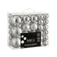 Unbreakable Silver Bauble Mix (4, 6, & 8cm, 46 Pieces)