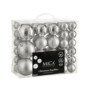 Unbreakable Silver Bauble Mix (4, 6, & 8cm, 46 Pieces)