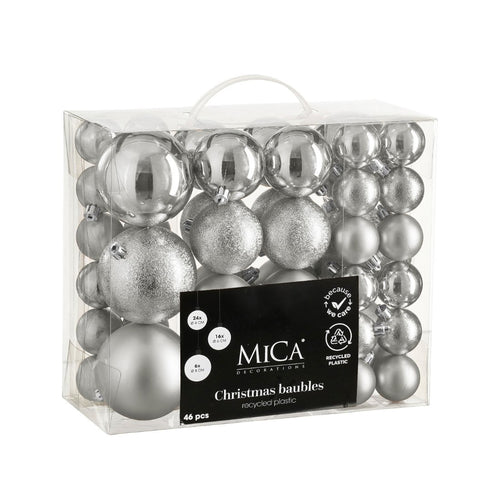 Unbreakable Silver Bauble Mix (4, 6, & 8cm, 46 Pieces)