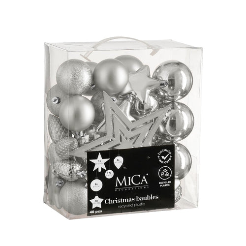 Unbreakable Tree Decoration Set - Silver (8cm, 40 Pieces)