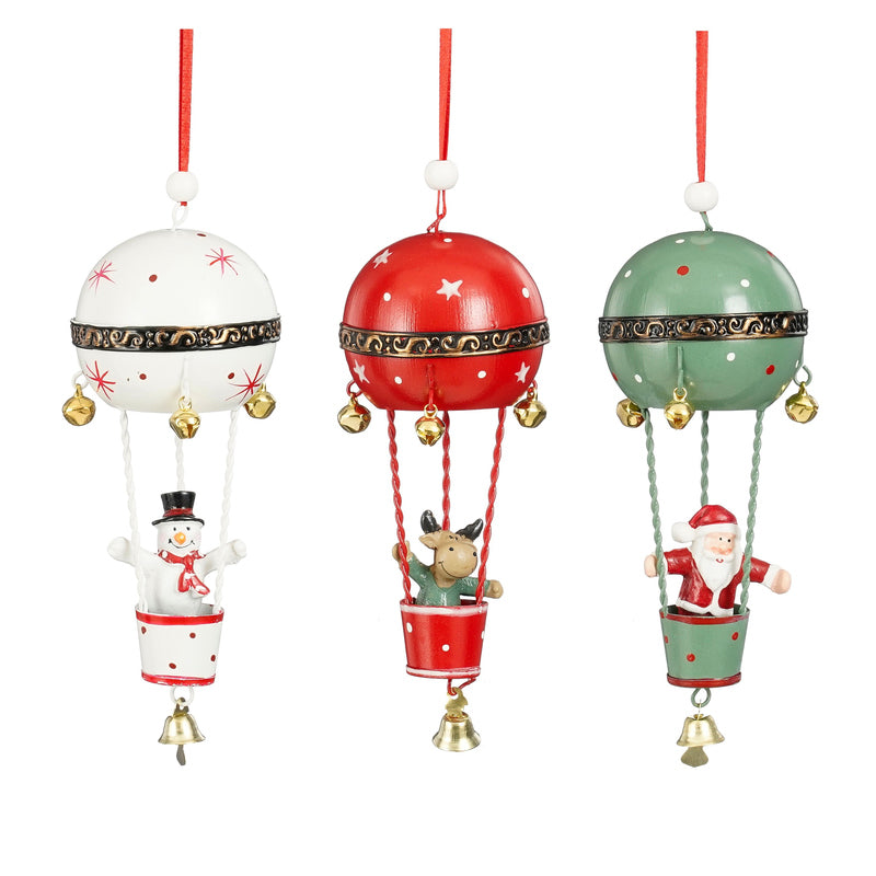 Ornament hotair balloon santa snowman deer red white green 3