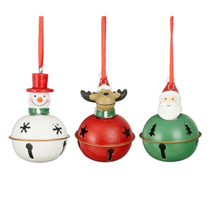 Ornament bell santa snowman deer red white green 3 assorted