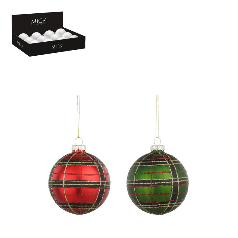 Bauble glass check red green 2 assorted 12 pieces display - each at