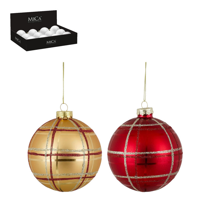 Bauble glass check red gold 2 assorted 12 pieces display - d
