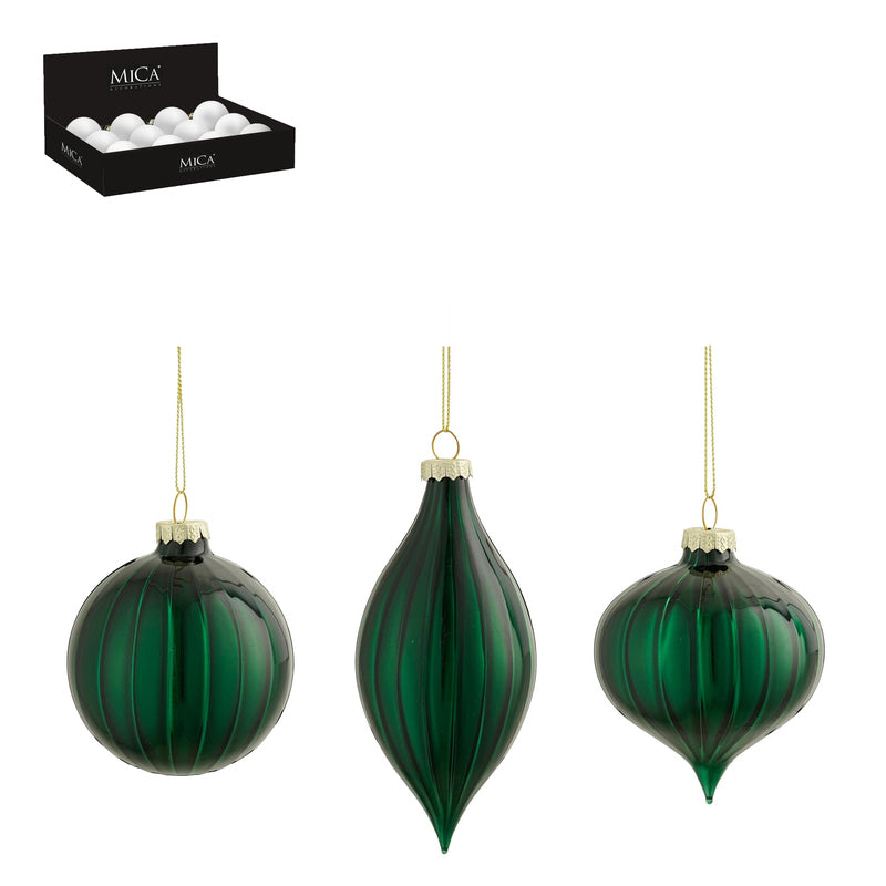 Ornament ball onion drop green 3 assorted 12 pieces display