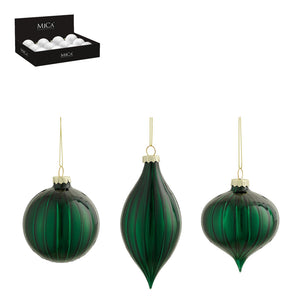 Ornament ball onion drop green 3 assorted 12 pieces display