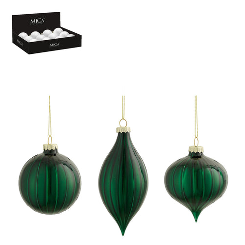 Ornament ball onion drop green 3 assorted 12 pieces display
