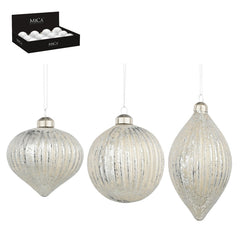 Ornament ball onion drop silver 3 assorted 12 pieces display