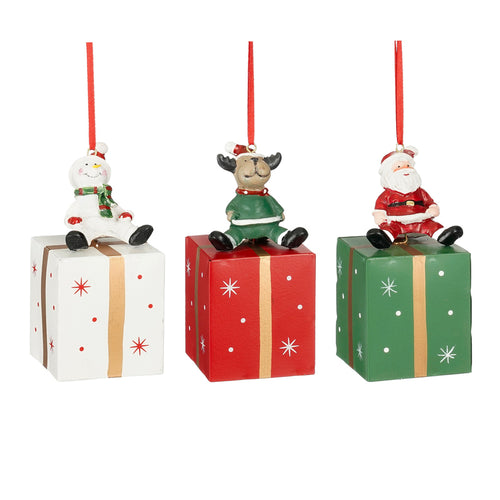 Ornament santa snowman deer white red green 3 assorted - l5,