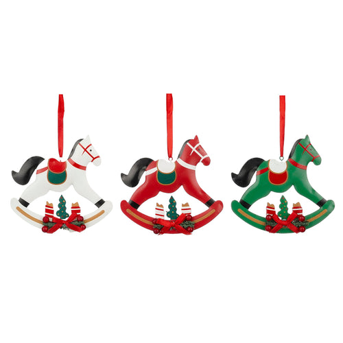 Ornament rockinghorse white red green 3 assorted - l13xw12xh