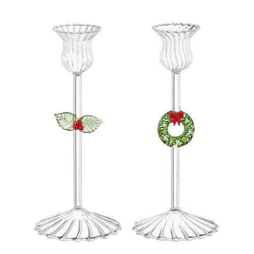Candleholder wreath holly green 2 assorted - h18xd8cm