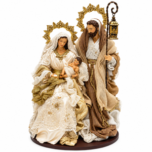 Holy Family on Round Base (Mary Seated on Chair), Ivory & Gold, H 45 cm – One Size