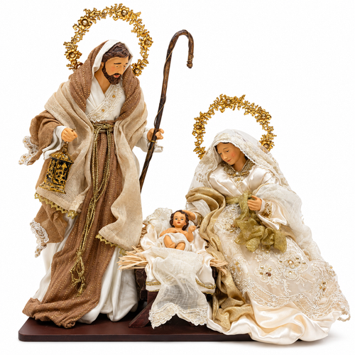 Holy Family on Square Base, Ivory & Gold, H 46 cm – One Size