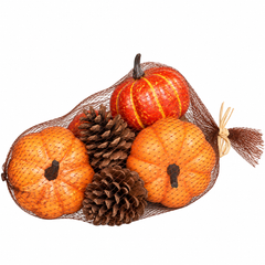 Autumn assortment in net with 4 pumpkins and 3 cones, price per net, 6 - 10 cm, 10 cm, assorted, 8/48