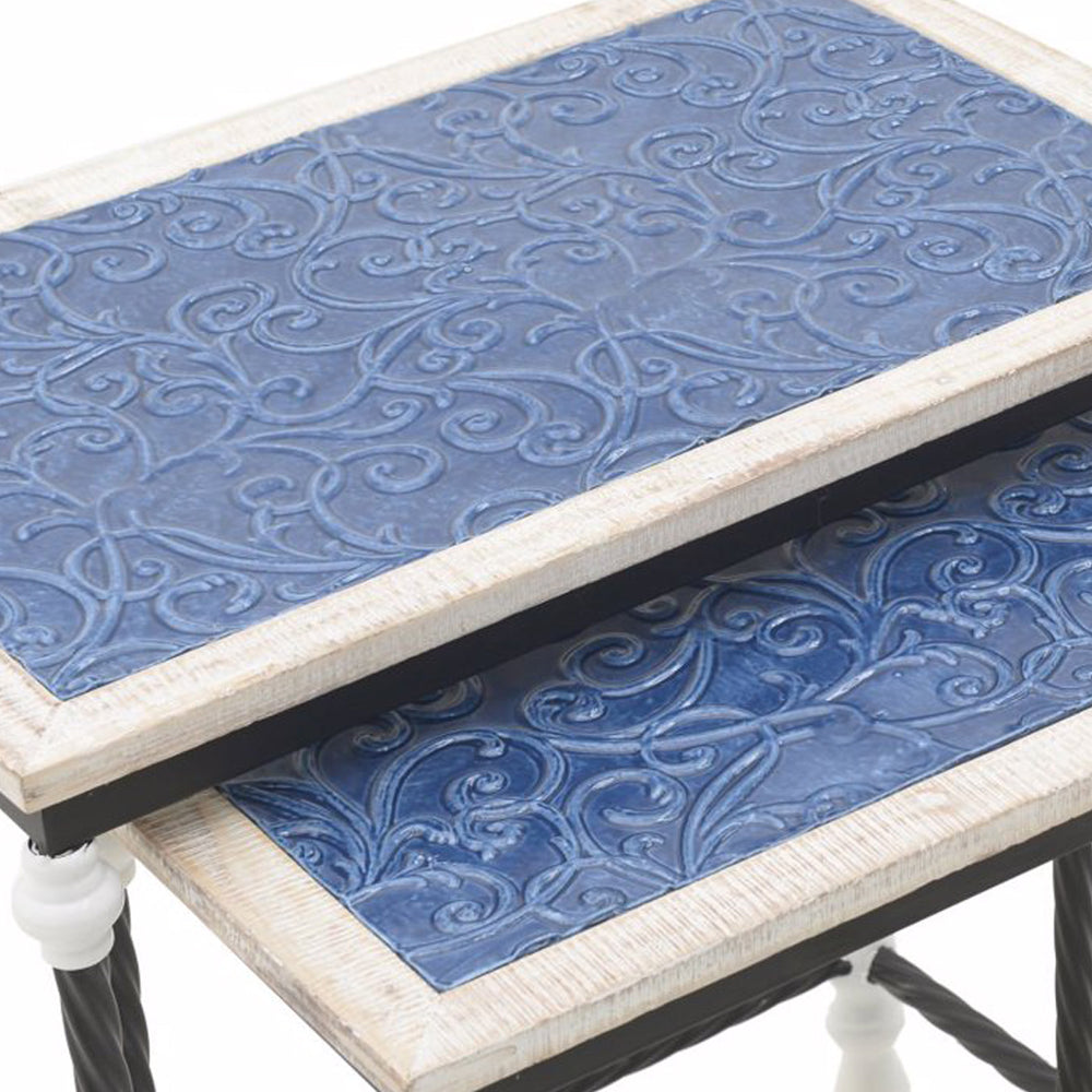 Blue White Wooden Metal Side Table