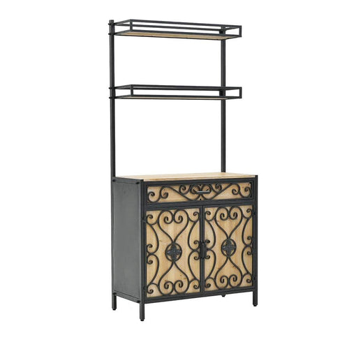 Metal Wood Shelf Cabinet Black Natural