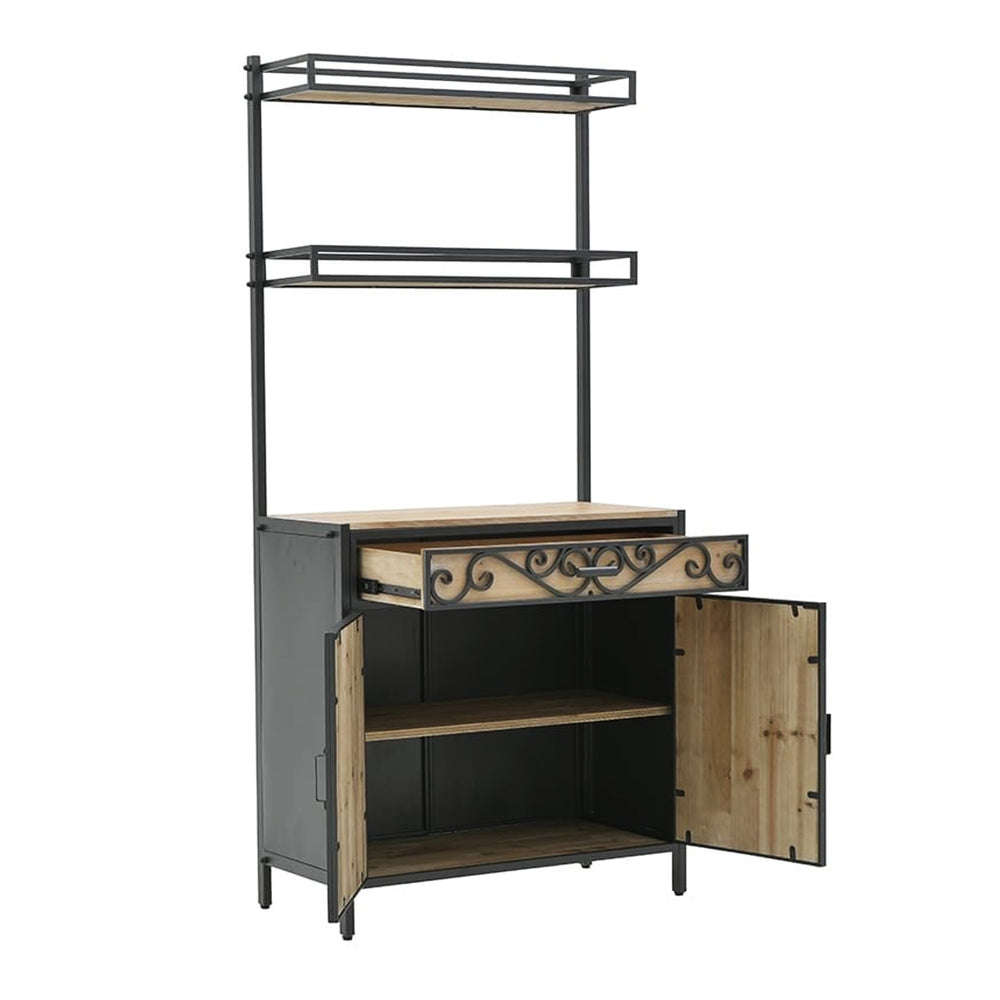 Metal Wood Shelf Cabinet Black Natural