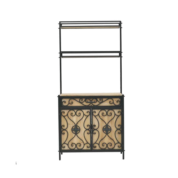 Metal Wood Shelf Cabinet Black Natural