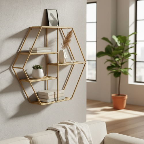 Metal Wood Wall Shelf Golden Natural