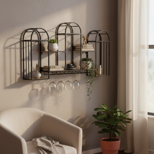 Metal Wood Wall Shelf Wine Rack Black Natural (94 cm)