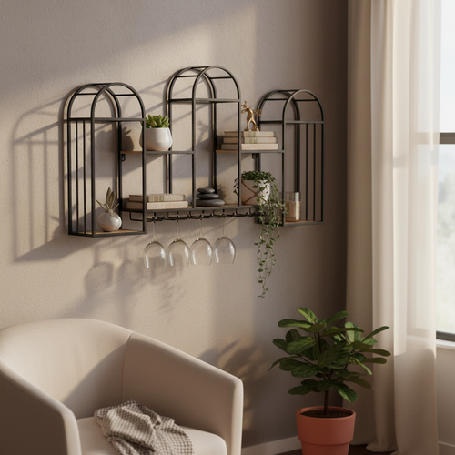 Metal Wood Wall Shelf Wine Rack Black Natural (94 cm)