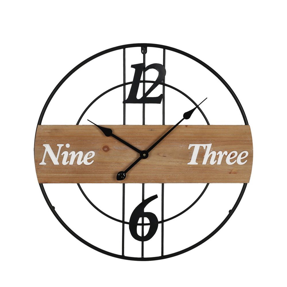 Wall Clock – Black Metal & Natural Wood (60 cm)