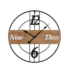 Wall Clock – Black Metal & Natural Wood (60 cm)