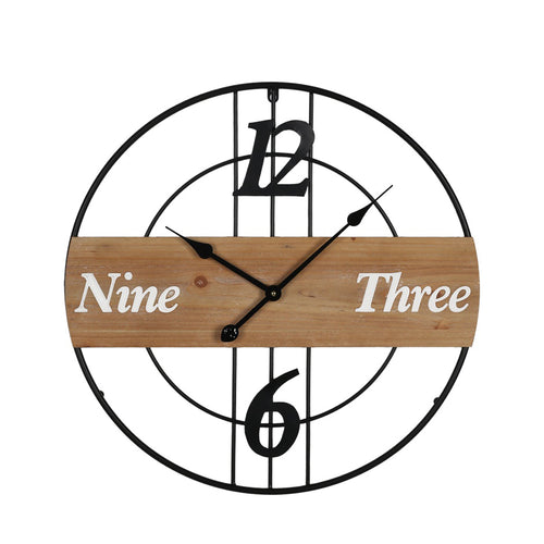 Wall Clock – Black Metal & Natural Wood (60 cm)