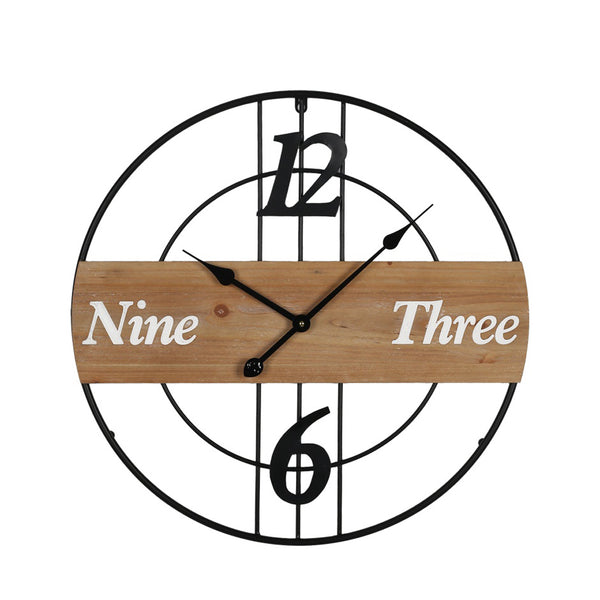 Wall Clock – Black Metal & Natural Wood (60 cm)