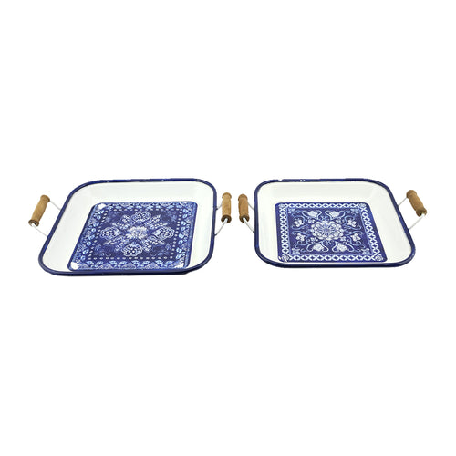 Metallic Tray White Blue Set of 2