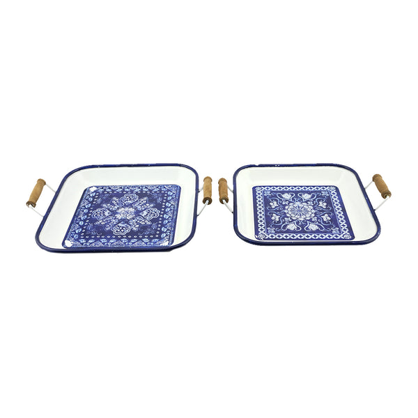 Metallic Tray White Blue Set of 2
