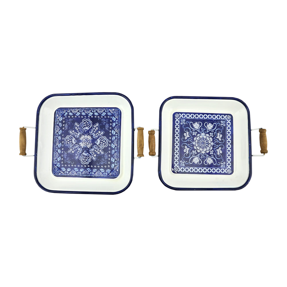 Metallic Tray White Blue Set of 2
