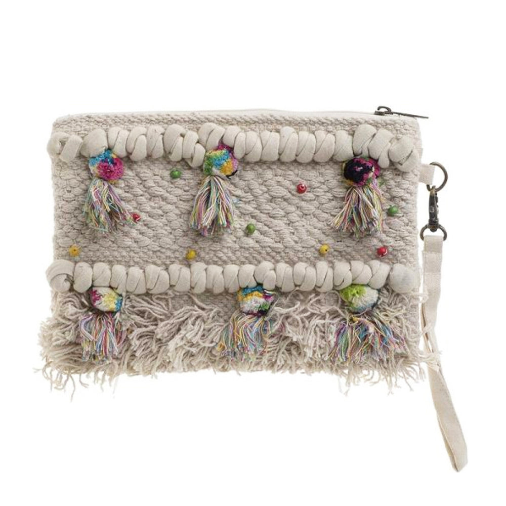Cotton clutch w fringe beige