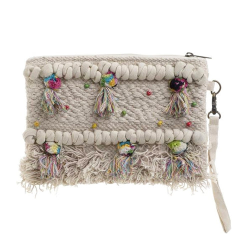 Cotton clutch w fringe beige