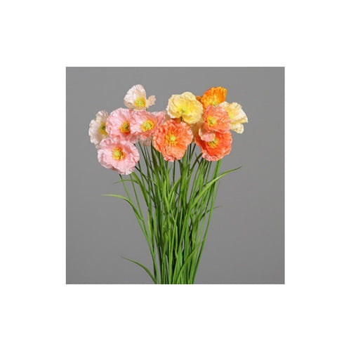 Poppy with 3 flowers and grass, 68 cm, sorted: 4x yellow, 5x peach, 5x orange, 5x salmon, 5x rosee, 24/144