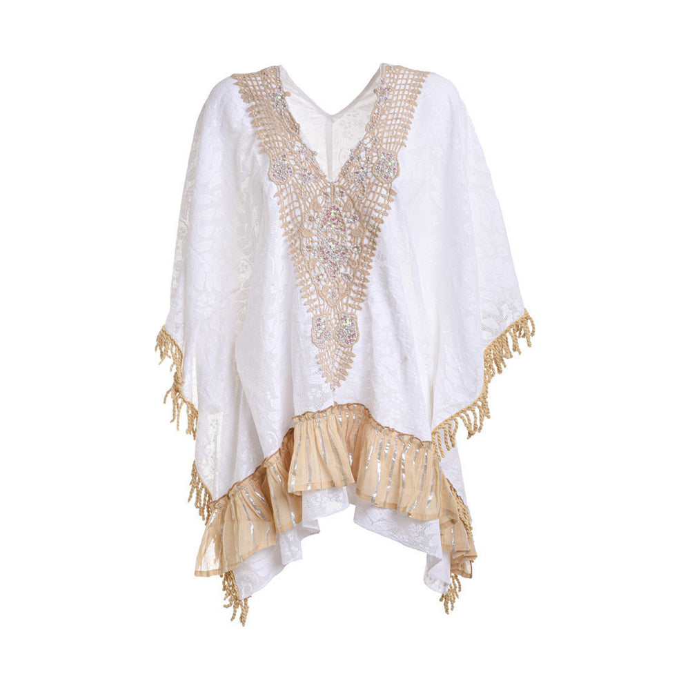Kaftan in white color with beige