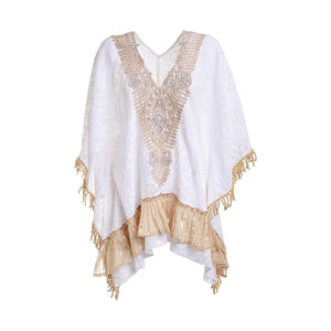 Kaftan in white color with beige