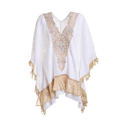 Kaftan in white color with beige