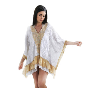Kaftan in white color with beige