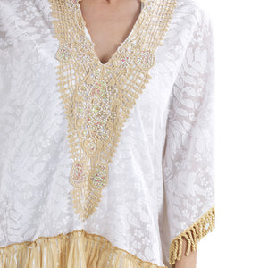 Kaftan in white color with beige