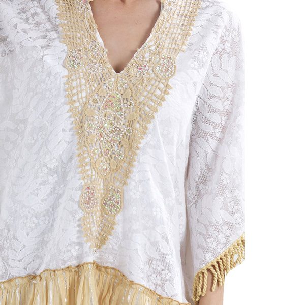 Kaftan in white color with beige