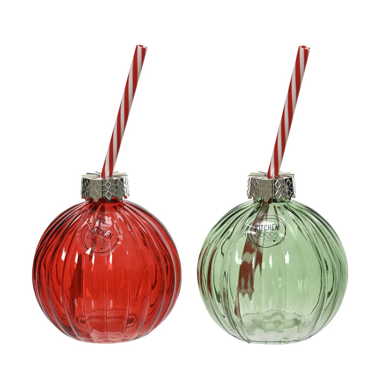 Drinking jar glass transparent spray color red/white straw 2col ass