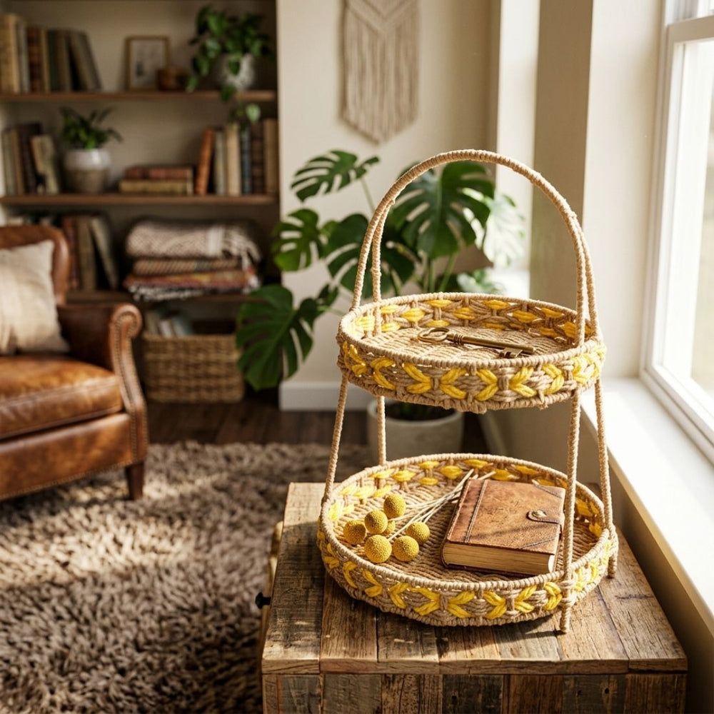 Yellow Woven 2-Tier Shelf (45 cm)