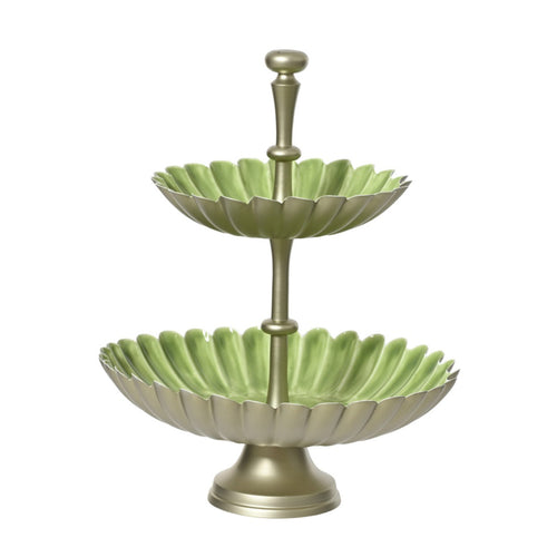 Scalloped Sage Green & Gold 2-Tier Serving Tray