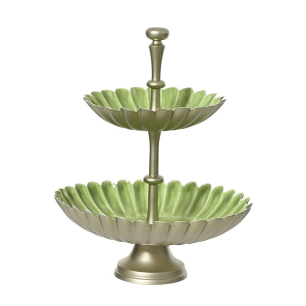 Scalloped Sage Green & Gold 2-Tier Serving Tray